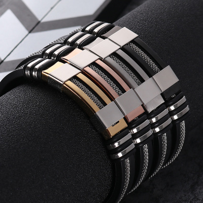 Wholesale New European and American Silicone Titanium Steel Bracelet Popular Fashion Men's Bracelet Amazon Adjustable Cross-Border Factory Goods