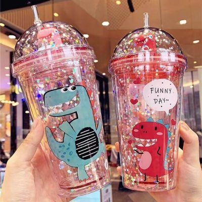 Cartoon Cute Dinosaur Doll Plastic Water Cup for Boys and Girls Korean Style Cup with Straw Handy Cup with Light