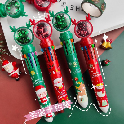 Christmas Cartoon Ten-Color Ballpoint Pen Cute Creative Multi-Color 10-in-One Press Pen Student Color Multifunctional Oil Pen