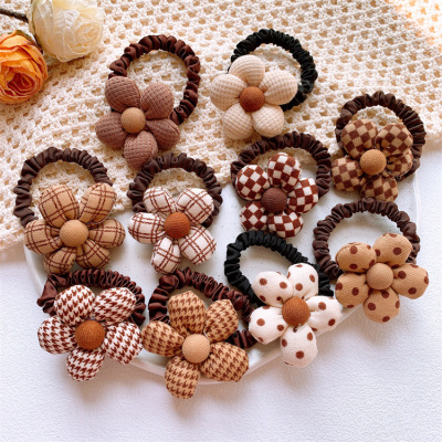 New Kids' Milk Coffee Color Plaid Hair Rope Little Girl Fabric Flower Hairband Girl Heart Ponytail Rubber Band Hair Rope