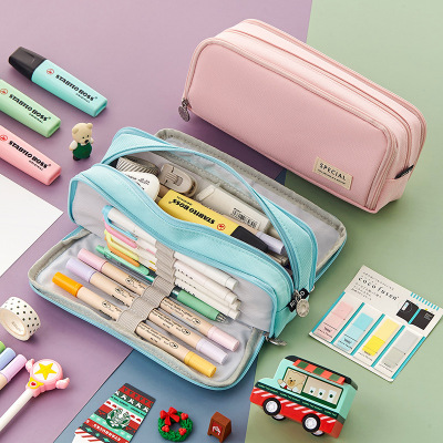 Large Capacity Pencil Case Japanese Square Middle School Students Multi-Functional Simple Solid Color Girl Stationery Box Storage Bag