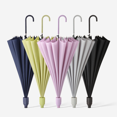 New Pure Color Korean Style 16 Bone Long Handle Umbrella Color Matching Waterproof Cover Umbrella Automatic Open Men's and Women's Small Clear Straight Handle Umbrella Wholesale