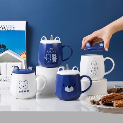Keyin Blue Bear Ceramic Cup Wholesale Household Water Cup Student Cartoon Mug with Lid Office Coffee Cup