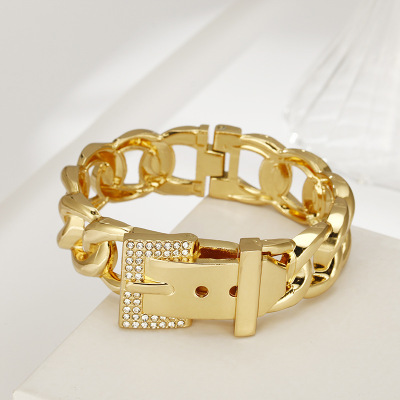 Inlaid with Diamond Bracelet European and American Style Foreign Trade High-Grade Light Luxury Connecting Shackle Belt Alloy Women's Gold-Plated Clothing Ornament