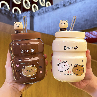 Cartoon Porcelain Cup with Straw Cute Good-looking Bear Water Cup Mug Men and Women Student Household Cup Wholesale