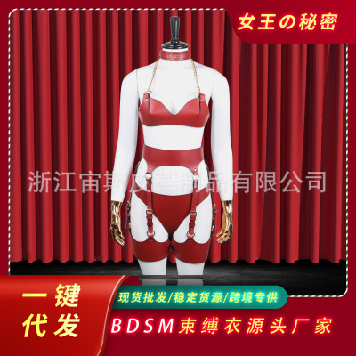 European And American Hollow Binding Leather Shapewear Leg Ring Belt Integrated Slim Jumpsuit Sexy SM Suit Belly Band
