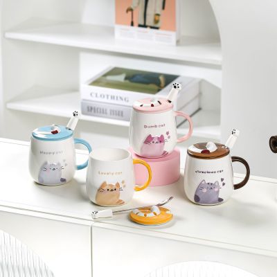 Creative Relief Cute Cat Mug with Cover with Spoon Home Office Water Cup Student Good-looking Ceramic Cup