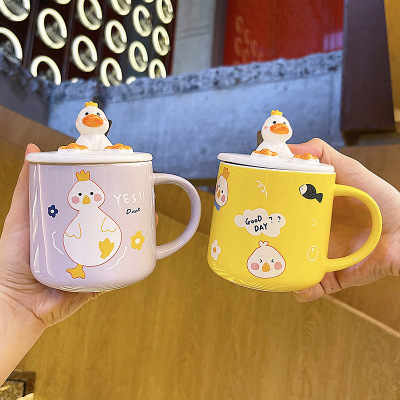 Cute Duck Ceramic Cup Female Student with Spoon Cover Korean Style Cute Mug Fresh Mobile Phone Holder Water Cup