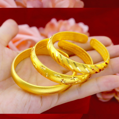 Online Live Broadcast Popular Vietnam Placer Gold Ancient French Heart Sutra Open-Ended Bracelet Brass Gold-Plated Exhibition Supply Bracelet Manufacturer