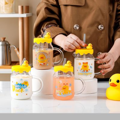 INS Cute Cute Little Yellow Duck Glass Glass Straw Good-looking Mug Gift Department Store Wholesale Logo
