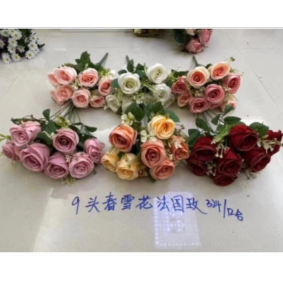 9 Spring French Emulational Rose Flower Home Living Room Interior Bundled Flower Plastic Flowers Exported to Peru