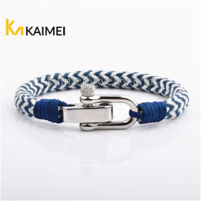 Best Seller in Europe and America Personality Titanium Steel Bow Buckle Bracelet High Quality Stainless Steel U-Shaped Extended Buckle Cotton String Bracelet for Men