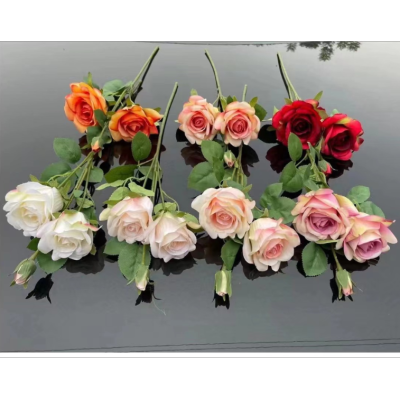 3 Head Emulational Rose Flower Silk Flower Home Long Brush Holder Artificial Flowers Foreign Trade Wholesale