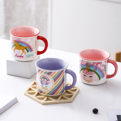 Colored Glaze Ceramic Cup Rainbow Unicorn Mug Cute Girl Heart Ceramic Single Cup