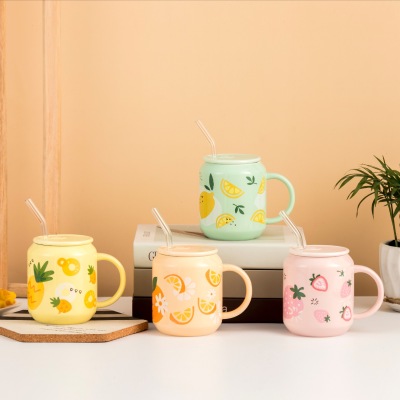 Creative Fashion Fruit Ceramic Mug Cans Shape Cup With Straw