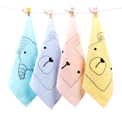 Cartoon Cotton Printed Square Towel Double-Sided Children Face Washing Towel Hand-Wiping Square Small Tower Kindergarten Hanging Handkerchief