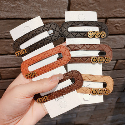 New Imitation Leather Barrettes Female Letters on Side Internet Celebrity Elegant Hair Pin Japanese and Korean High-Grade Bangs Small Clip Headwear