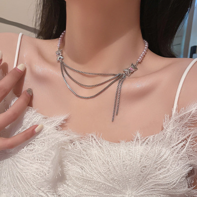 Pink Yiren Fashion Brand Bow Pearl Asymmetric Tassel Necklace Female Ins Cute Classic Style Clavicle Chain