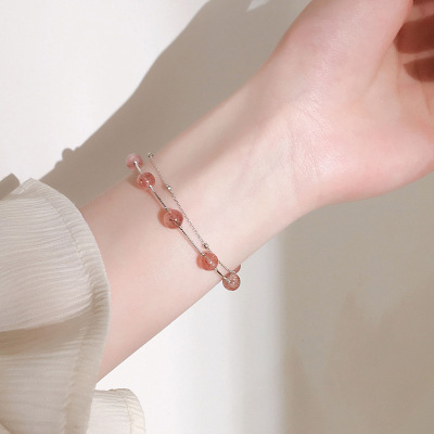 Double-Layer Strawberry Quartz Bracelet Women's Korean-Style Simple Mori Style Attracting Male Pink Crystal Birthday Gift for Girlfriend Trendy Jewelry