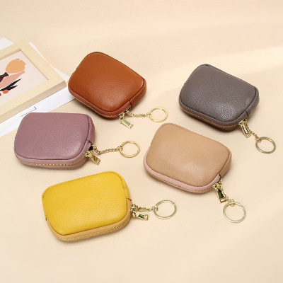 Genuine Leather Hand-Held Small Zip Wallet Women's First Layer Cowhide Simple Storage Keychain Coin Mini Coin Purse Wholesale