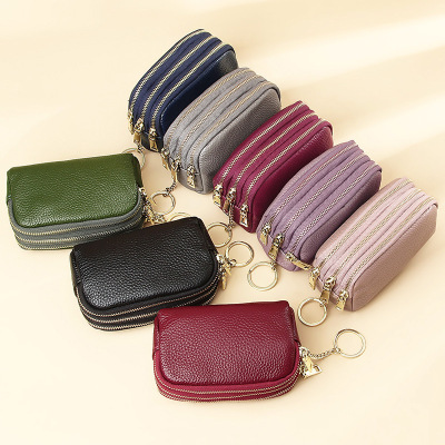 European and American First Layer Cowhide Simple Fashion Mini Clutch Triple Zipper Coin Pocket Key Coin Purse Genuine Leather