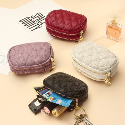 First Layer Cowhide Rhombus Small Clutch Wallet Keychain Coin Bag Storage Bag Double Layer Zipper Genuine Leather Coin Purse Female