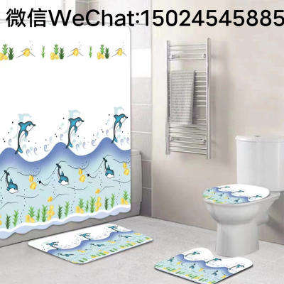 Flannel Printed Mat Set Four-Piece Set Toilet Seat Cover Pad + Shower Curtain Bathroom Water-Absorbing Non-Slip Mat Factory Direct Sales