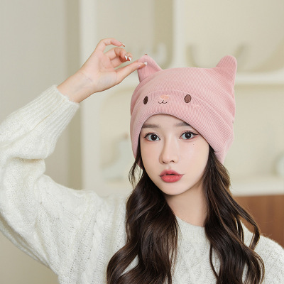 Knitted Woolen Cap Women's Autumn and Winter Japanese Style Cartoon Cute Rabbit Ears Hat Korean Style Pile Heap Cap Thermal Head Cover Beanie Hat
