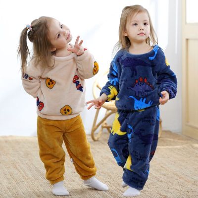 Children's Flannel Pajamas Suit Spring, Autumn and Winter Boys and Girls Baby Homewear Children Velvet Coral Fleece Suit