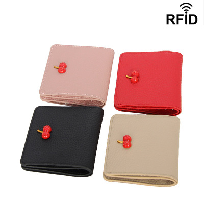 First Layer Cowhide 2020 New Women's Simple Small Cherry Short Wallet Leather Buckle Ultra-Thin Multi-Card-Slot Wallet