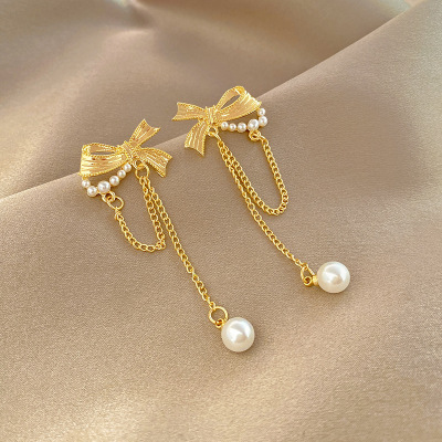 925 Silver Needle Pearl Bowknot Tassel Earrings Korean Sweet Temperamental Earrings Indie Design Fashion Earrings