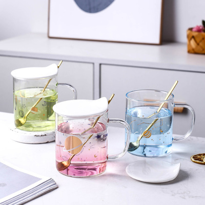 Gradient Starry Glass with Cover with Spoon Borosilicate High Temperature Resistant with Handle Glass Water Cup