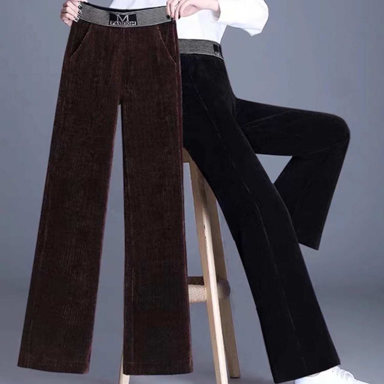 雪尼尔阔腿裤女秋冬高腰宽松加绒加厚灯芯绒女裤条绒直筒冬季裤子