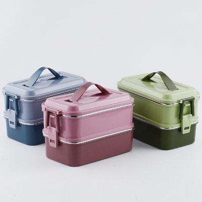 New French 304 Stainless Steel Double-Layer Office Worker Student Handheld Insulated Lunch Box Square Lunch Box Sealed