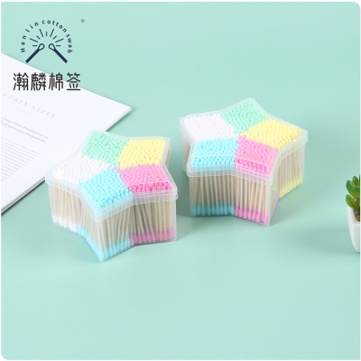 500 Five-Pointed Star Cotton Swab Color Double-Head Cotton Swab Bamboo Stick Makeup Makeup Removal Ear Cleaning Household Beauty Cleaning Boxed