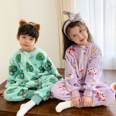 Autumn and Winter Children's Flannel Warm Split Leg Sleeping Bag Baby Toddler Cartoon Extra Thick One-Piece Pajamas Homewear Bellyband