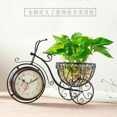Office Desk Surface Panel Desk Clock Creative Iron Bicycle Flower Basket Two-Sided Clock 39*26 8037