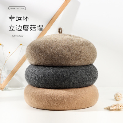 Hat Female Autumn and Winter Solid Color Lucky Ring Wool Beret Japanese Painter Hat Vintage Beret Warm Pumpkin Hat