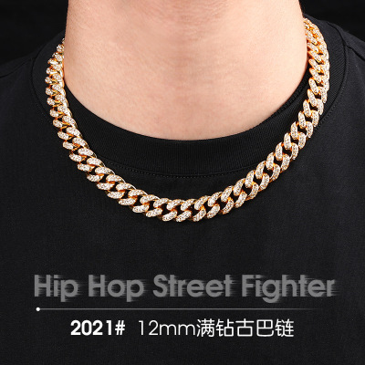 European Hip Hop Hipster Cuban Link Chain Diamond Bracelet 12mm Full Diamond Men and Women Hiphop Gold-Plated Necklace Cross-Border