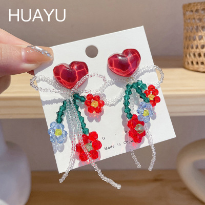 Woven Love Heart Flowers Earrings Niche Design Earrings 2022 New Trendy Girl Heart Long Earrings for Women Summer