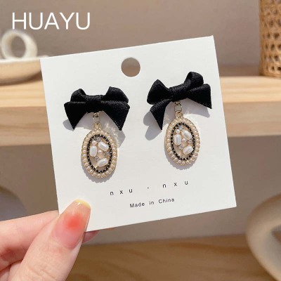 Black Bowknot Earrings for Women Oval Rhinestone Pearl Temperamental Earrings Special-Interest Design Girly Heart-Shaped Earrings Cute