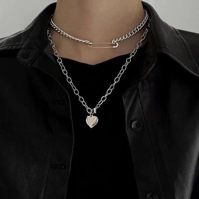 Love Heart-Shaped Pin Pendant Necklace Two-Piece Sweater Chain Female Personalized Hip Hop Metal Texture Necklace Fashion