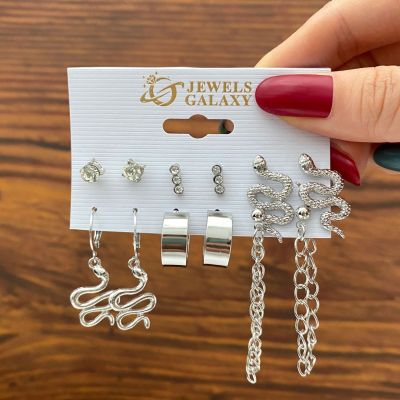 Cross-Border Silver Letter C- Shaped Earrings Set 6 Pairs Diamond Stud Earrings Creative Personality Snake Chain Ear Ring Wholesale