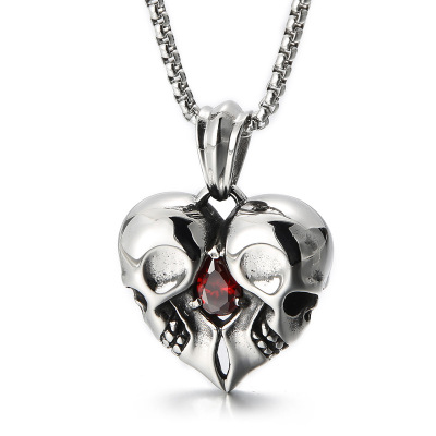 Europe and America Creative Vintage Heart Shape with Diamond Skull Pendant Necklace Punk Couple Girlfriends Jewelry Gift