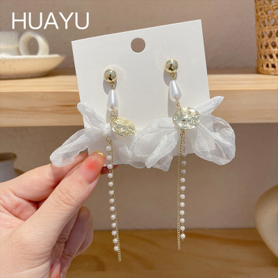 Summer Fairy Mesh Lace Bow Earrings Suitable for Skirt Exaggerated Online Influencer Tassel Earrings Earrings Earrings for Women