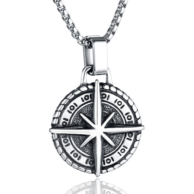 Cross-Border Hot Products Personalized Trendy Compass Stainless Steel Necklace European and American Retro Creative round Pendant Ornament