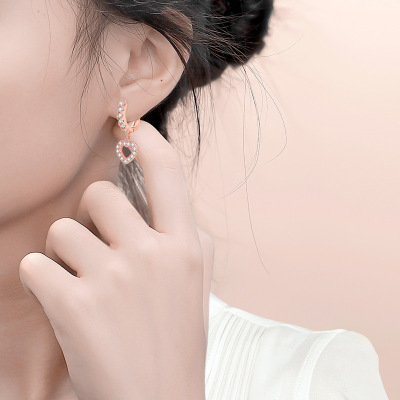 Three Silversmiths New Heart Shape with Diamond Earrings Korean All-Match Simple Heart-Shaped Geometric Ear Studs Jewelry Factory Direct Sales