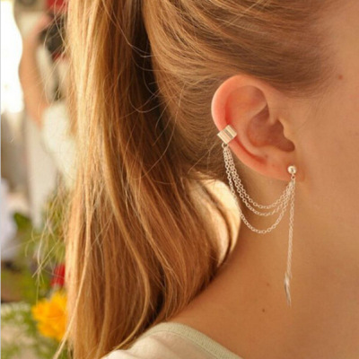 AliExpress European and American Foreign Trade Personalized Earrings Ear Clip Metal Leaf Tassel Earrings Ear Clip Wholesale