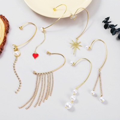 Foreign Trade European and American Pearls Love Ear Hanging Diamond Embedded Star Tassel Pendant Non-Pierced Butterfly Chain Ear Hook Earrings
