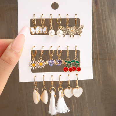 Cross-Border New Arrival Alloy Inlaid Rhinestone Earrings Suit 9 Pairs Creative Butterfly Peach Heart Cherry Pearl Ear Clip Wholesale